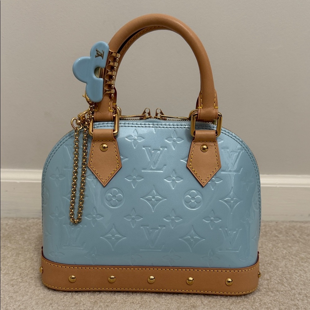 Louis Vuitton Alma BB Hairclip Charm Chain Vernis Sky Blue Monogram Handbag